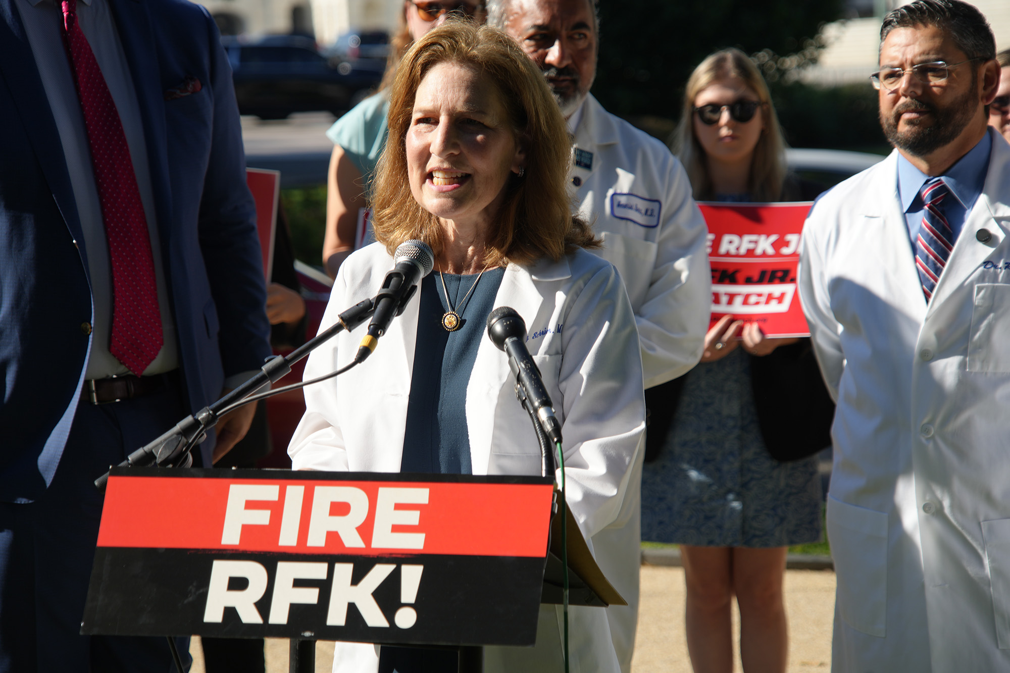 Dr. Kim Schrier speaks in front of the Capitol about the importance of replacing Health Secretary Kennedy with a leader who understands and leads with science.