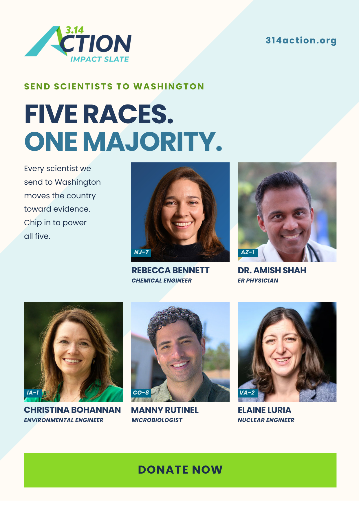 314 Impact Slate: Every scientist we send to Washington moves the country toward evidence. Split a donation directly between Rebecca Bennett, Amish Shah, Christina Bohannan, Manny Rutinel, and Elaine Luria!